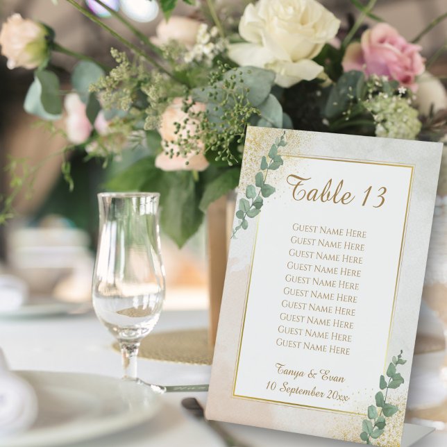 Elegant Green & Gold Photo Wedding Table Number Pedestal Sign (Elegant Green & Gold Photo Wedding Table Number with guests names)