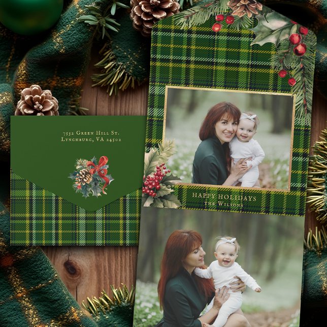 Elegant Green/Gold Plaid Holly Christmas Photo  All In One Invitation (Creator Uploaded)