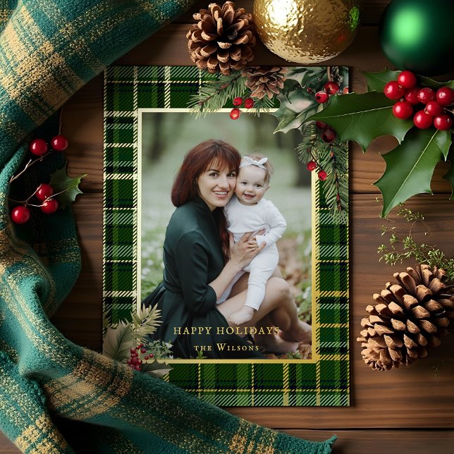 Elegant Green/Gold Plaid Holly Christmas Photo  Foil Holiday Card (Creator Uploaded)