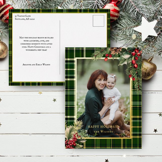 Elegant Green/Gold Plaid Holly Christmas Photo Foil Holiday Postcard (Creator Uploaded)