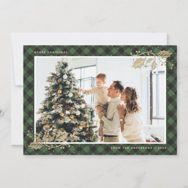 Elegant Green Gold Plaid Photo Christmas Card (Front)