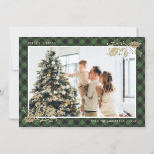 Elegant Green Gold Plaid Photo Christmas Cards