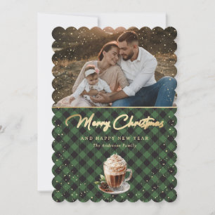 Elegant Green Gold Plaid Photo Merry Christmas Holiday Card