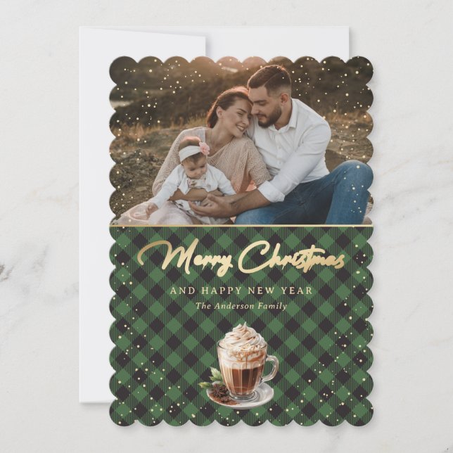 Elegant Green Gold Plaid Photo Merry Christmas Holiday Card (Front)