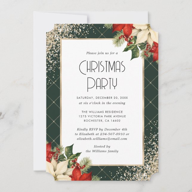 Elegant Green Gold Poinsettia Christmas Party Invitation (Front)