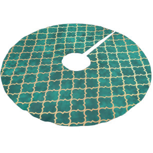 Elegant Green Gold Quatrefoil Pattern Brushed Polyester Tree Skirt