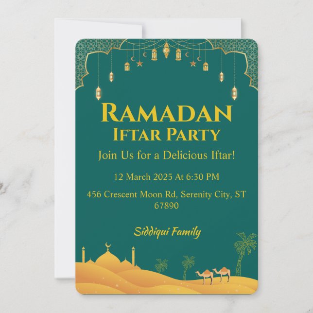 Elegant Green Gold Ramadan Iftar Party  Invitation (Front)
