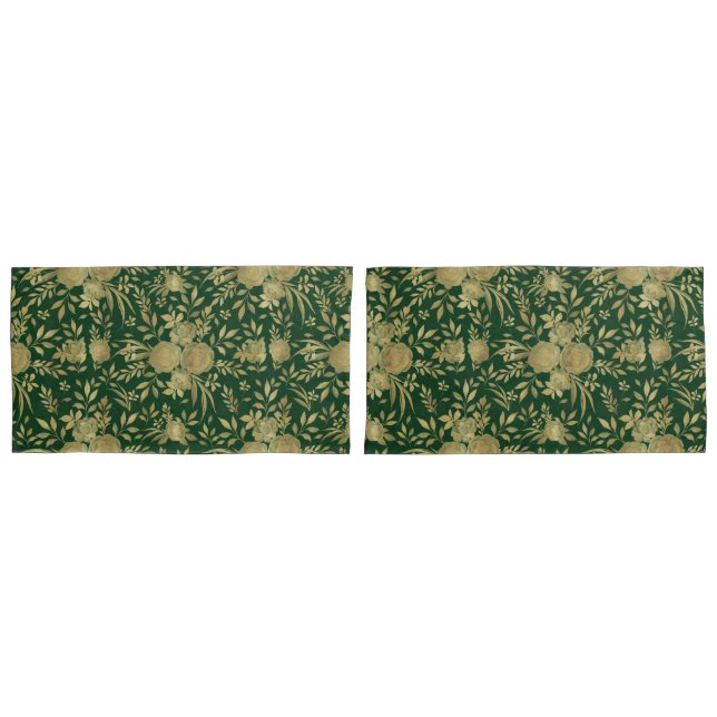 Elegant Green Gold Roses Floral Design Pillowcase (Front-Set)