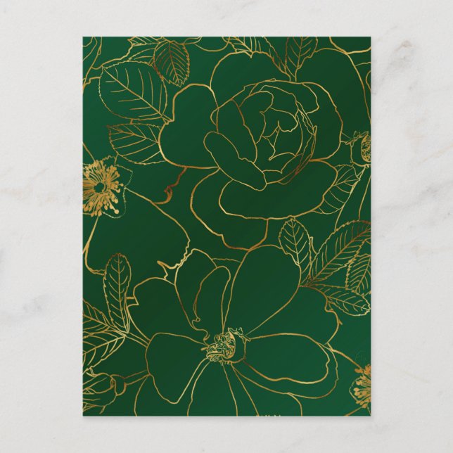 Elegant Green Gold Roses Floral Line Drawing Holiday Postcard (Front)