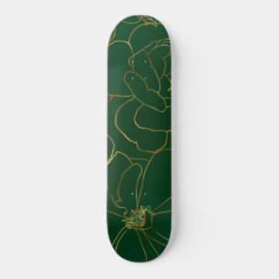 Elegant Green Gold Roses Floral Line Drawing Skateboard
