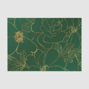 Elegant Green Gold Roses Floral Line Drawing Tissue Paper