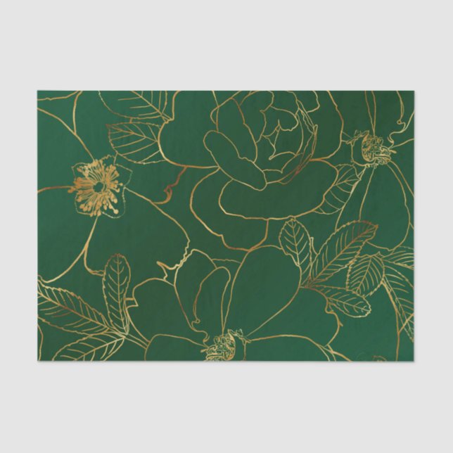 Elegant Green Gold Roses Floral Line Drawing Tissue Paper (Front)
