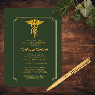 Elegant Green   Gold Rx Pharmacy Graduation Party Invitation