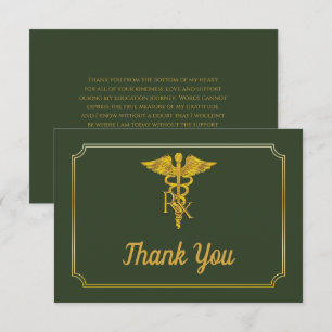 Elegant Green   Gold Rx Pharmacy Graduation  Thank You Card