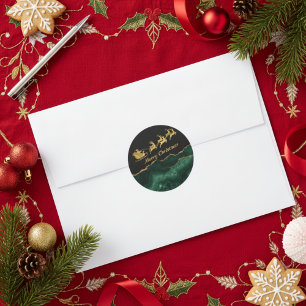 Elegant Green Gold Santa Sleigh Merry Christmas Classic Round Sticker