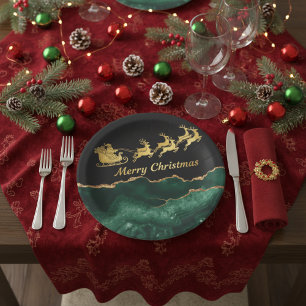 Elegant Green Gold Santa Sleigh Merry Christmas Paper Plate