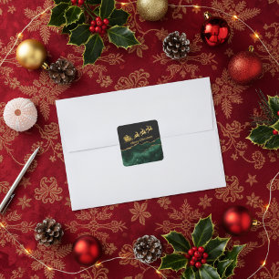 Elegant Green Gold Santa Sleigh Merry Christmas Square Sticker