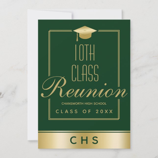 Elegant Green Gold Script 10th Class Reunion Invitation (Front)