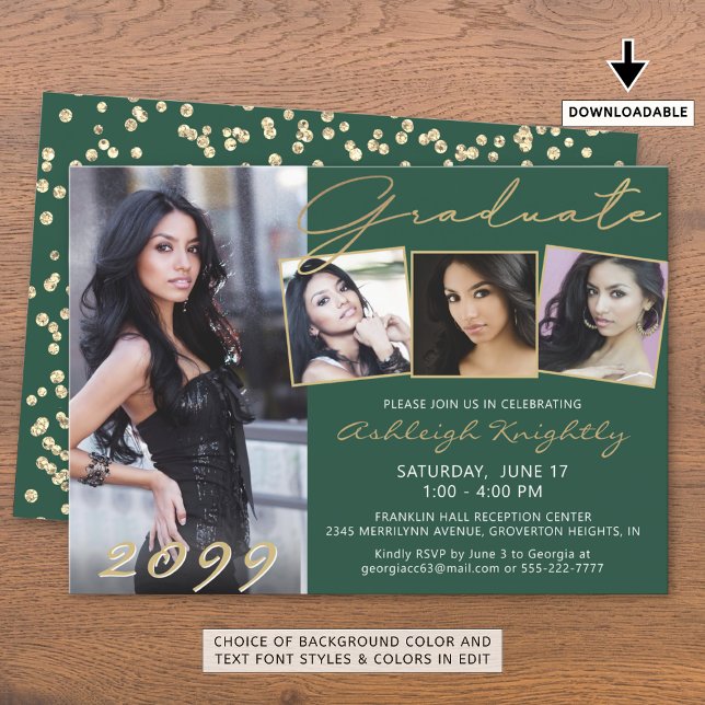 Elegant Green Gold Script 4 Photo Graduate Invitation (Creator Uploaded)