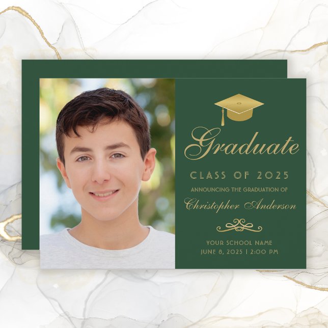 Elegant Green Gold Script Cap Photo Graduation Announcement (Elegant Green and Gold Photo Graduation Announcement for boys.)