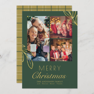 Elegant Green Gold Script Family Photo Christmas  Holiday Card