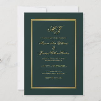 Elegant Green Gold Script Monogram Wedding Invitation