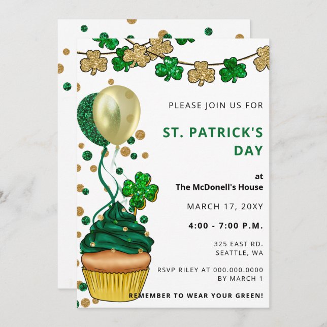 Elegant Green Gold Shamrock St Patricks Day Invitation (Front/Back)