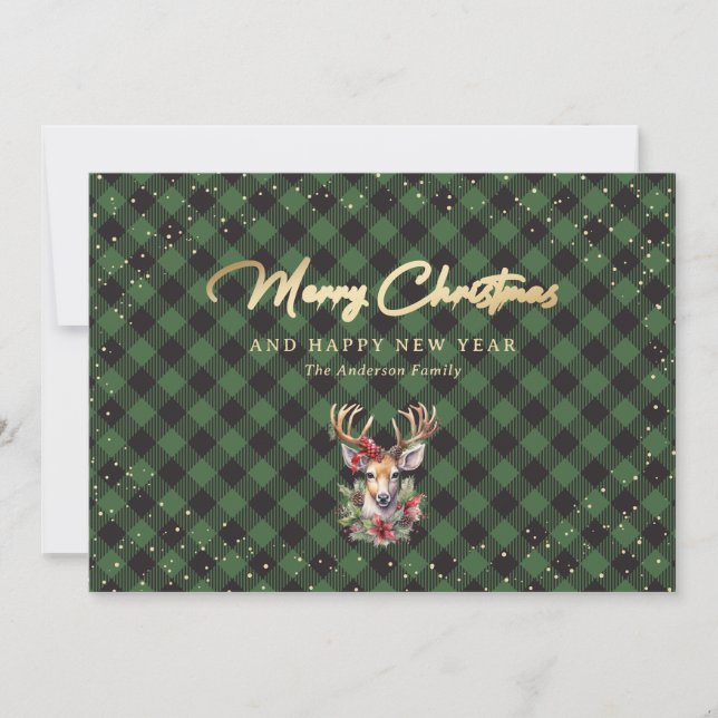 Elegant Green Gold Snow Reindeer Merry Christmas Holiday Card (Front)