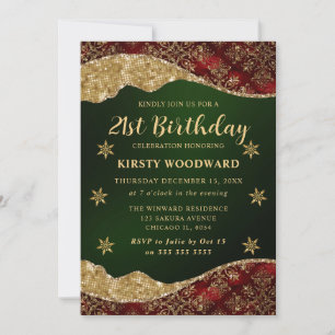 Elegant Green & Gold Snowflake 21st Birthday Invitation