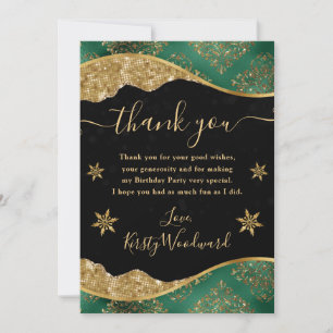 Elegant Green & Gold Snowflake Birthday Thank You Card