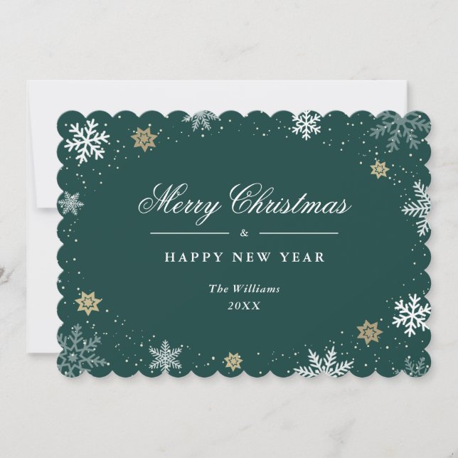 Elegant Green Gold Snowflake Holiday Card (Front)