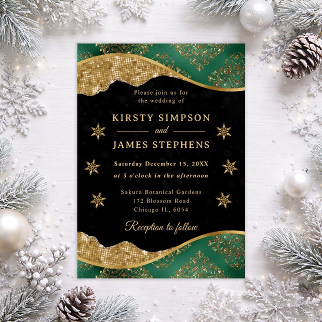 Elegant Green & Gold Snowflake Wedding Invitation (Creator Uploaded)