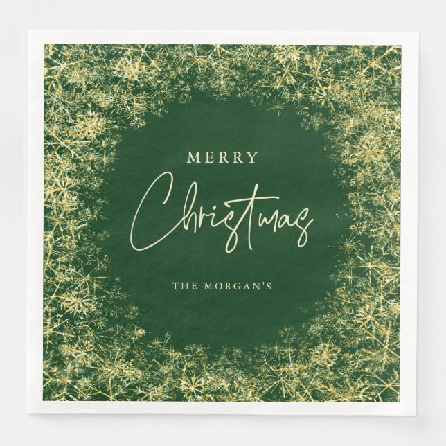 Elegant Green Gold Snowflakes Christmas  Napkin (Front)