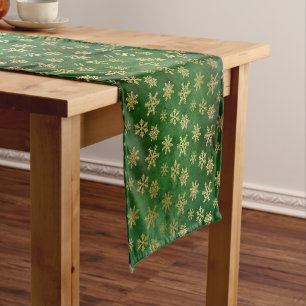 Elegant Green & Gold Snowflakes Christmas  Short Table Runner