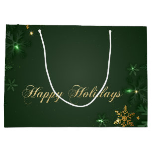 Elegant Green Gold Snowflakes Holiday Large Gift Bag