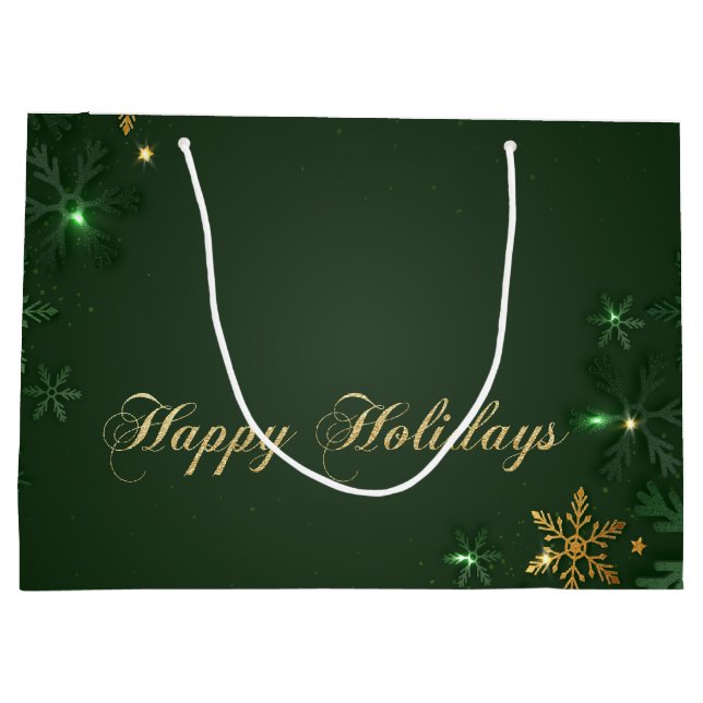 Elegant Green Gold Snowflakes Holiday Large Gift Bag (Back)