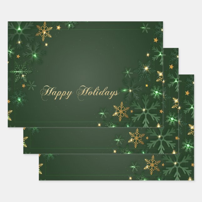 Elegant Green Gold Snowflakes Holiday  Wrapping Paper Sheet (Set)