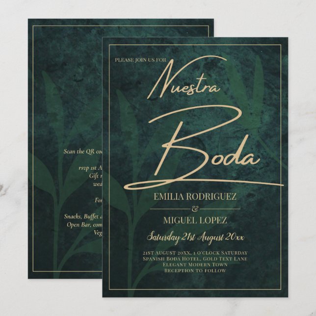 Elegant Green Gold Spanish BODA QR Code RSVP   Invitation (Front/Back)