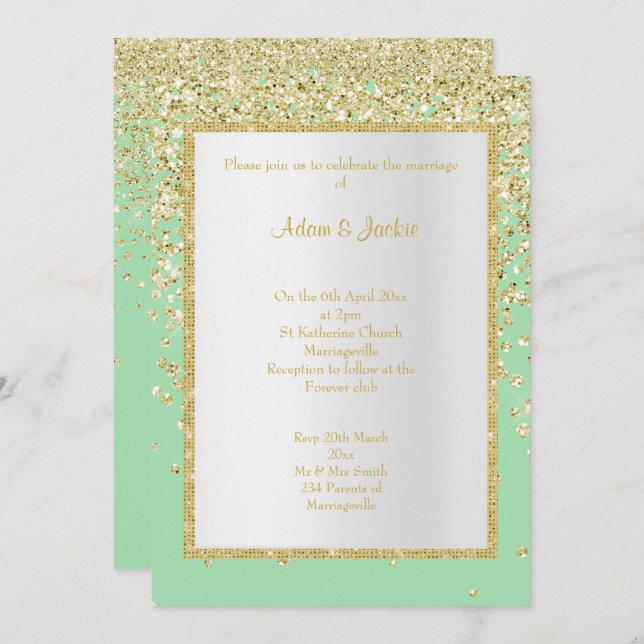 ELEGANT GREEN GOLD SPARKLE WEDDING CUSTOM INVITATION (Front/Back)