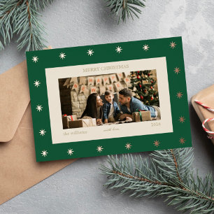 Elegant Green Gold Starry Christmas Family Photo Foil Holiday Card