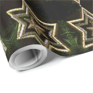 Elegant Green Gold Stars Pattern Christmas Wrapping Paper