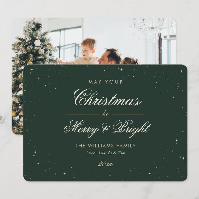 Elegant Green Gold Stars Photo Christmas Holiday Card (Front/Back)