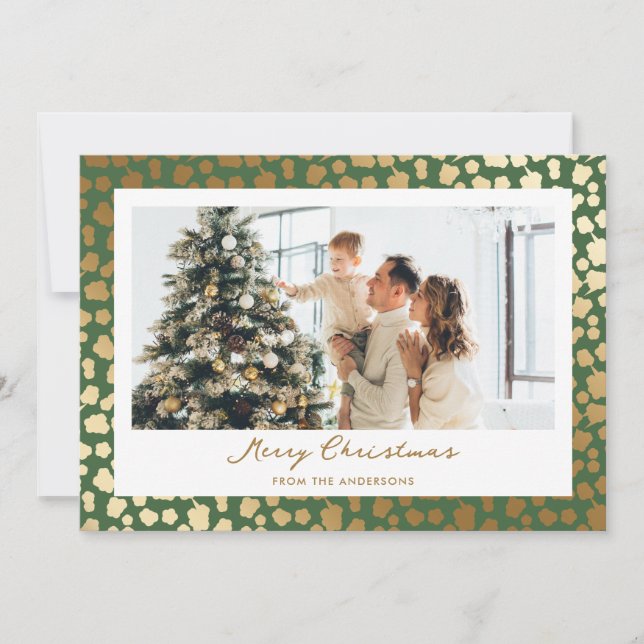 Elegant Green Gold Stars Photo Merry Christmas Holiday Card (Front)