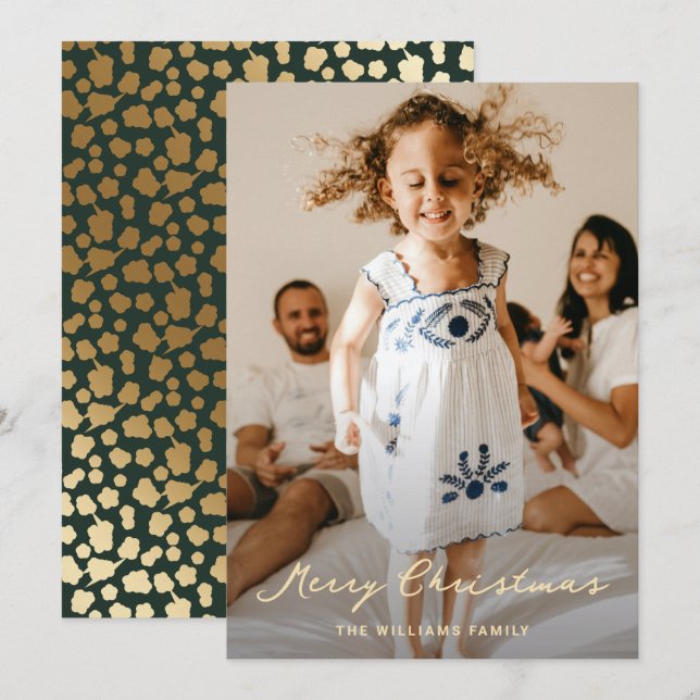 Elegant Green Gold Stars Script Photo Christmas Holiday Card (Front/Back)