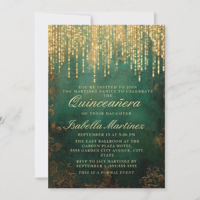 Elegant Green Gold String Lights Quinceañera Invitation (Front)