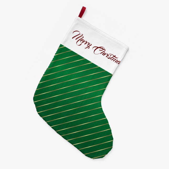 Elegant Green Gold Stripes Christmas Stocking (Front (Hanging))