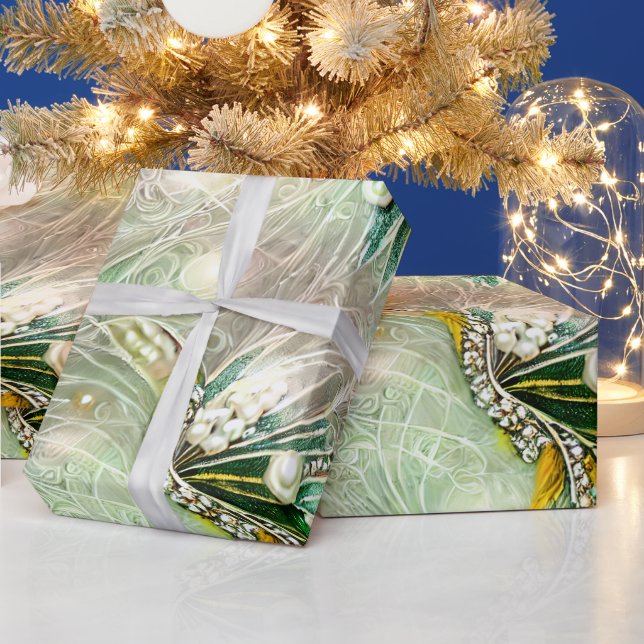 Elegant Green & Gold Swirled Floral Beads Pearl Wrapping Paper (Holidays)