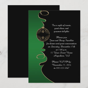 Elegant Green Gold Swirls Black Christmas Party Invitation