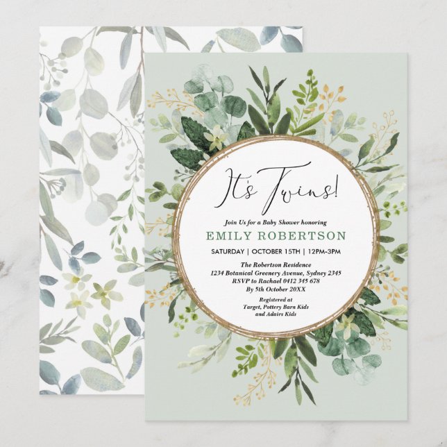Elegant Green Gold Twins Greenery Baby Shower Invitation (Front/Back)