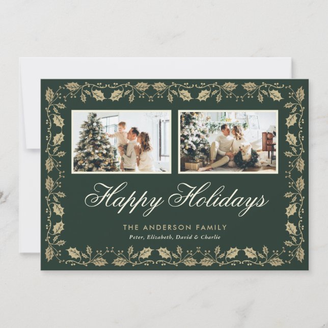 Elegant Green Gold Two Photo Happy Holidays Card (Front)